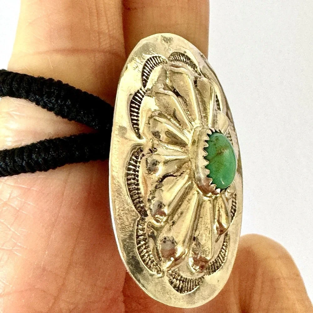 Turquoise Navajo Hair Tie 1.5in Ponytail Hand Stamped‎ Sterling Ornament Concho